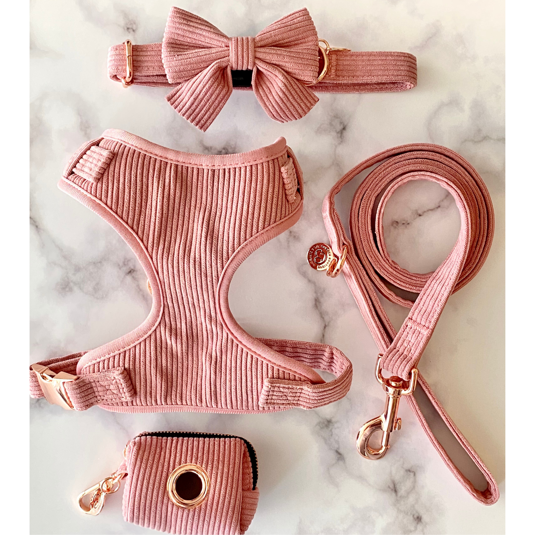 Matching corduroy dog harness bundle set includes dog collar, dog lead, dog bowtie, dog harness and matching poop bag holder