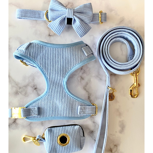 Matching corduroy dog harness bundle set includes dog collar, dog lead, dog bowtie, dog harness and matching poop bag holder