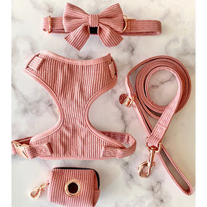 our mauve collection includes minimalistic luxury corduoy dog harness, dog collar, dog leash, poop bag holder and bow ties