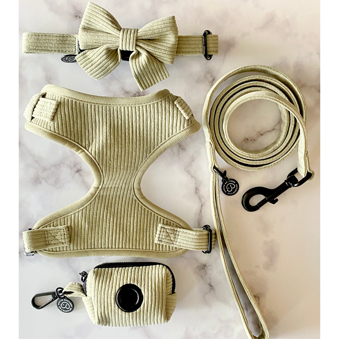 Matching corduroy dog harness bundle set includes dog collar, dog lead, dog bowtie, dog harness and matching poop bag holder