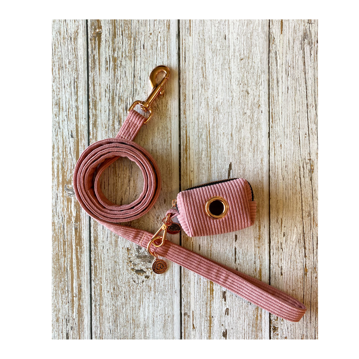 minimalistic cute corduroy walking dog leash in mauve with gold accents and matching poop bag holder