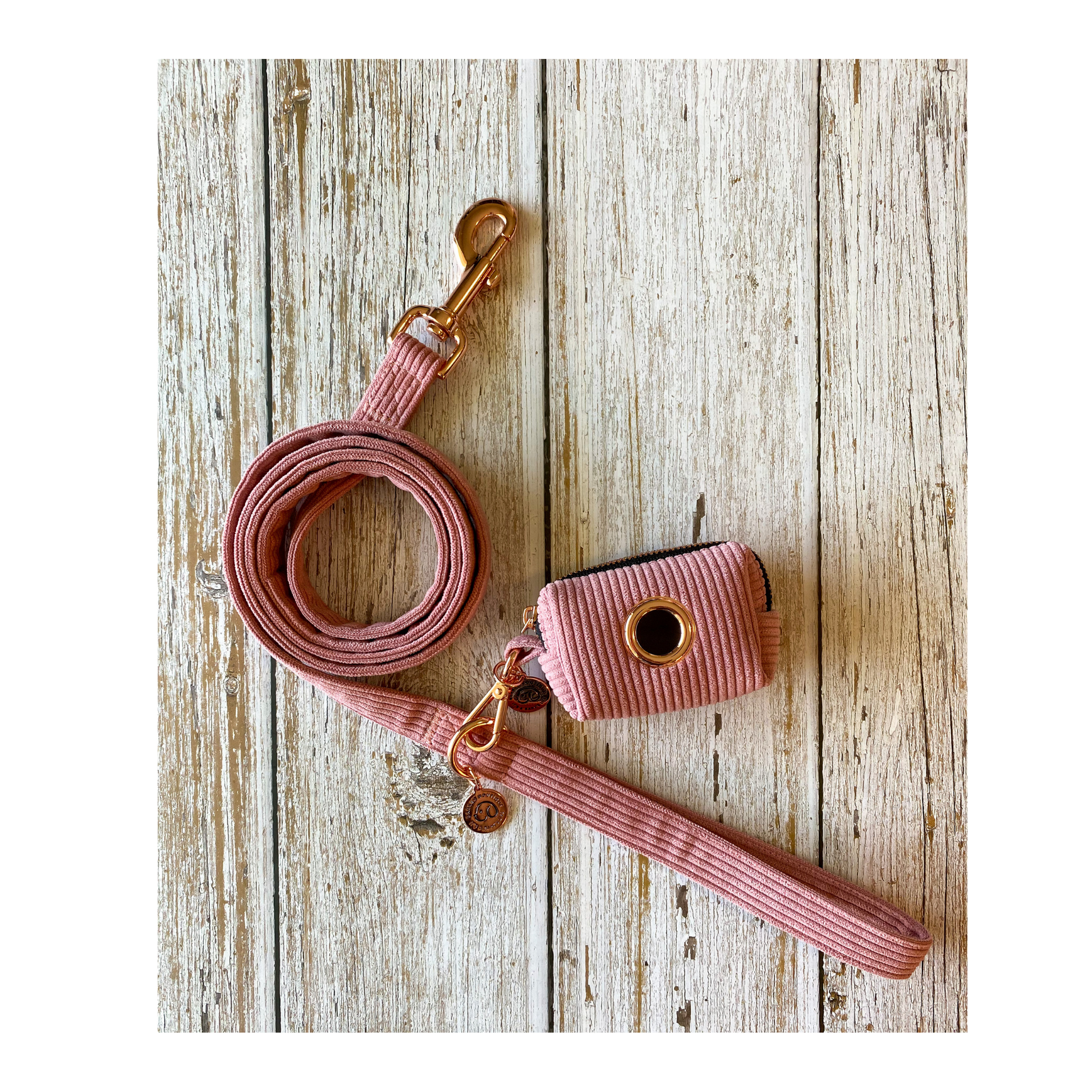 minimalistic cute corduroy walking dog leash in mauve with gold accents and matching poop bag holder