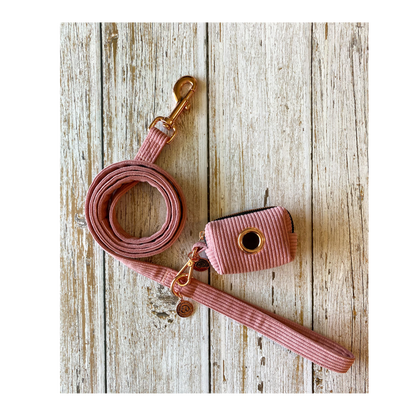 minimalistic cute corduroy walking dog leash in mauve with gold accents and matching poop bag holder